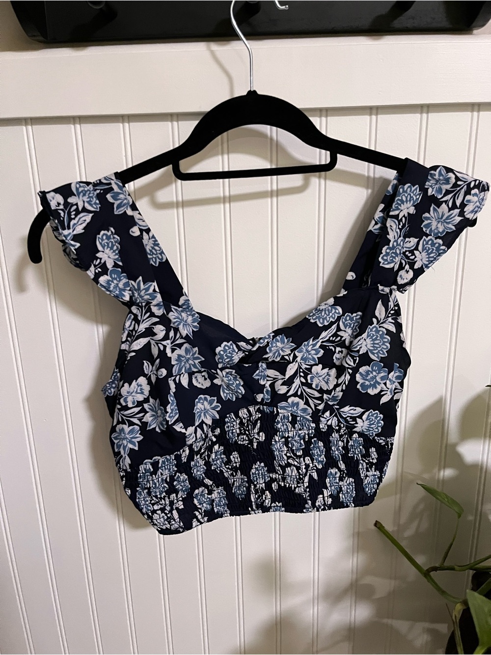Navy Floral Smocked Crop Top with Wide Straps